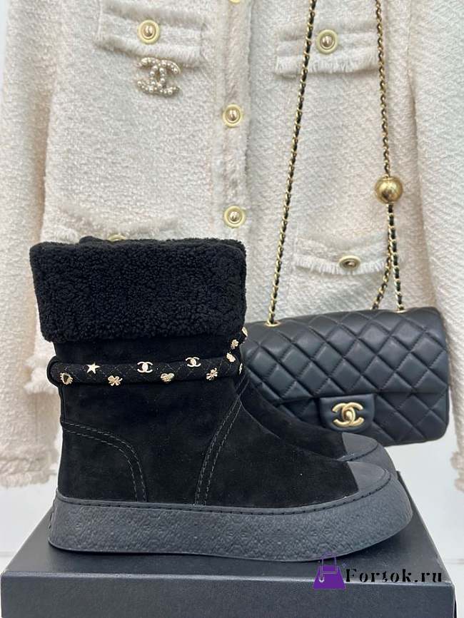 Fortok Chanel Fur Velvet Ankle Boots Black - 1
