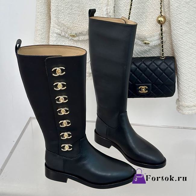Fortok Chanel Black Leather Gold Plated CC Logo Turnlock Knee High Boots - 1