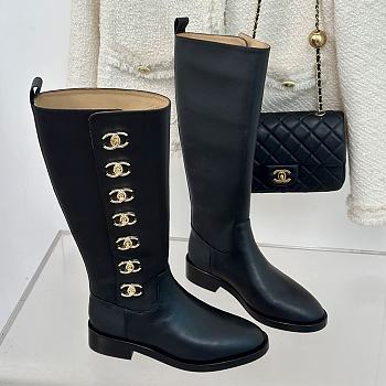 Fortok Chanel Black Leather Gold Plated CC Logo Turnlock Knee High Boots