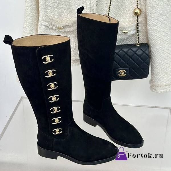 Fortok Chanel Black Velvet Leather Gold Plated CC Logo Turnlock Knee High Boots - 1