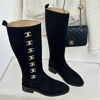 Fortok Chanel Black Velvet Leather Gold Plated CC Logo Turnlock Knee High Boots