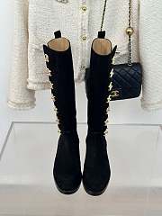 Fortok Chanel Black Velvet Leather Gold Plated CC Logo Turnlock Knee High Boots - 2