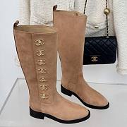 Fortok Chanel Beige Velvet Leather Gold Plated CC Logo Turnlock Knee High Boots - 1