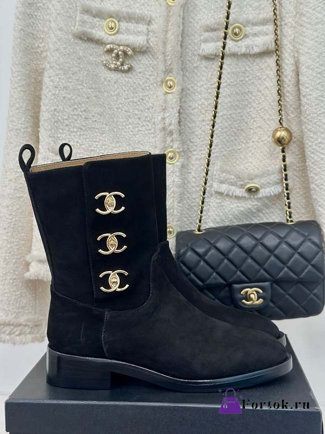 Fortok Chanel Black Velvet Leather Gold Plated CC Logo Turnlock Short Boots - 1