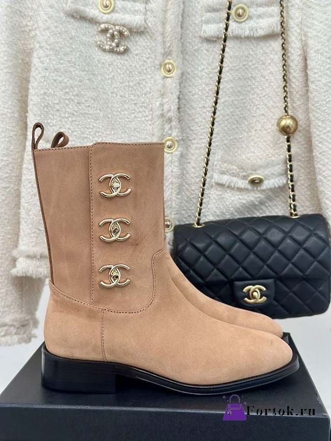 Fortok Chanel Beige Velvet Leather Gold Plated CC Logo Turnlock Short Boots - 1