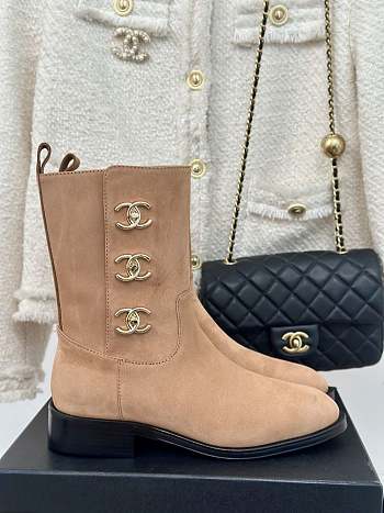 Fortok Chanel Beige Velvet Leather Gold Plated CC Logo Turnlock Short Boots