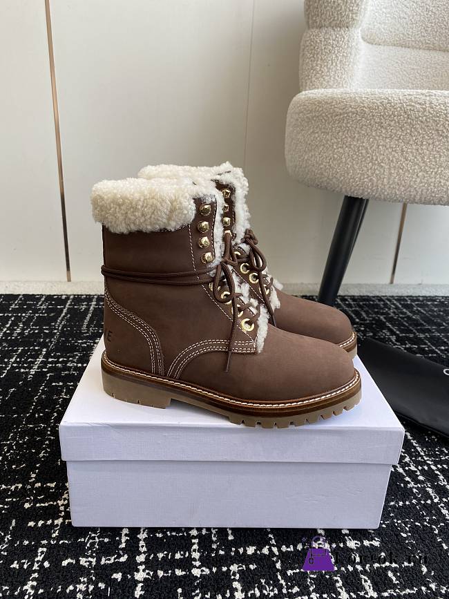Fortok Celine Kurt Lace-Up Mid Boot In Nubuck Calfskin And Shearling Brown - 1