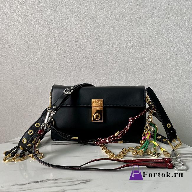 Fortok Prada Soft Sound Small Leather Shoulder Bag With Charms Black 1BD379 24x13.5x6cm - 1