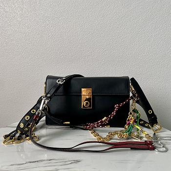 Fortok Prada Soft Sound Small Leather Shoulder Bag With Charms Black 1BD379 24x13.5x6cm