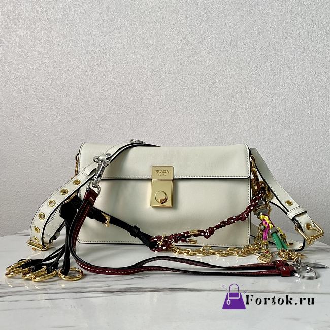 Fortok Prada Soft Sound Small Leather Shoulder Bag With Charms White 1BD379 24x13.5x6cm - 1