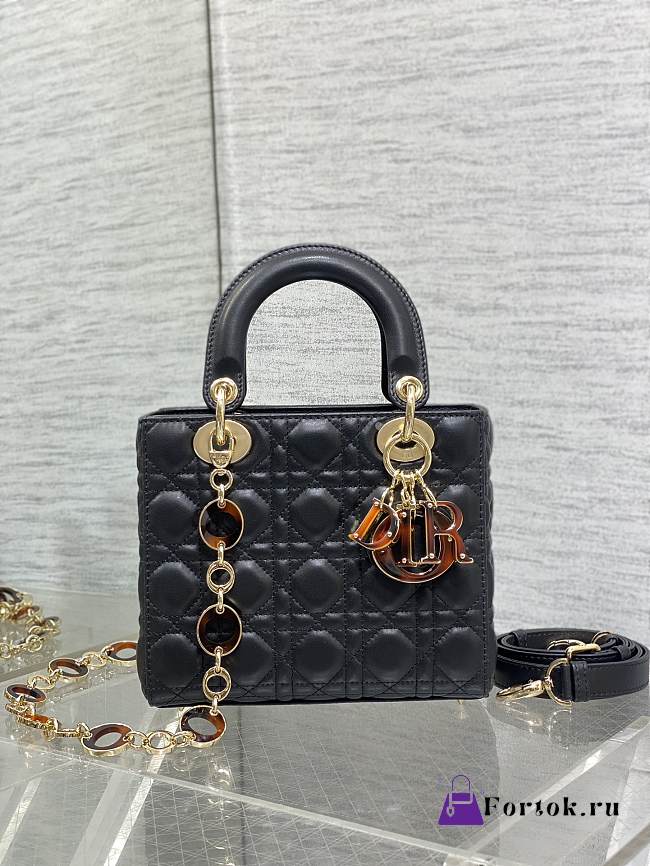 Fortok Dior Lady Bag Black With Gold-plated Metal Chain Strap And Brown O-shaped Design - 1