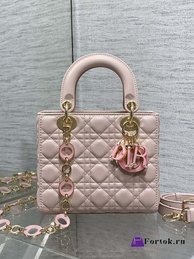 Fortok Dior Lady Bag Pink With Gold-plated Metal Chain Strap And Brown O-shaped Design - 1