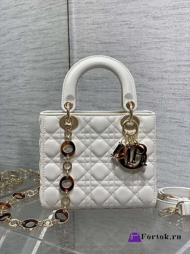 Fortok Dior Lady Bag White With Gold-plated Metal Chain Strap And Brown O-shaped Design - 1