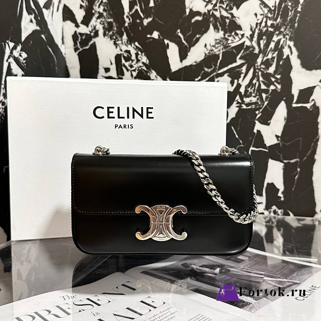 Fortok Celine Triomphe Shoulder Bag in Black Silver Buckle 20.5x11.5x4cm - 1