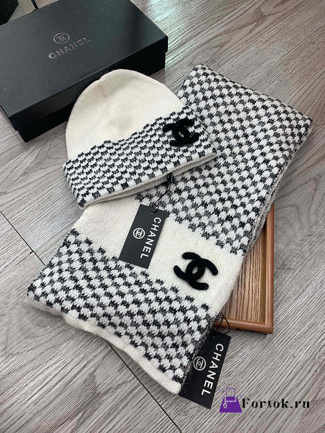 Fortok Chanel Hat + Scarf Set White & Black - 1