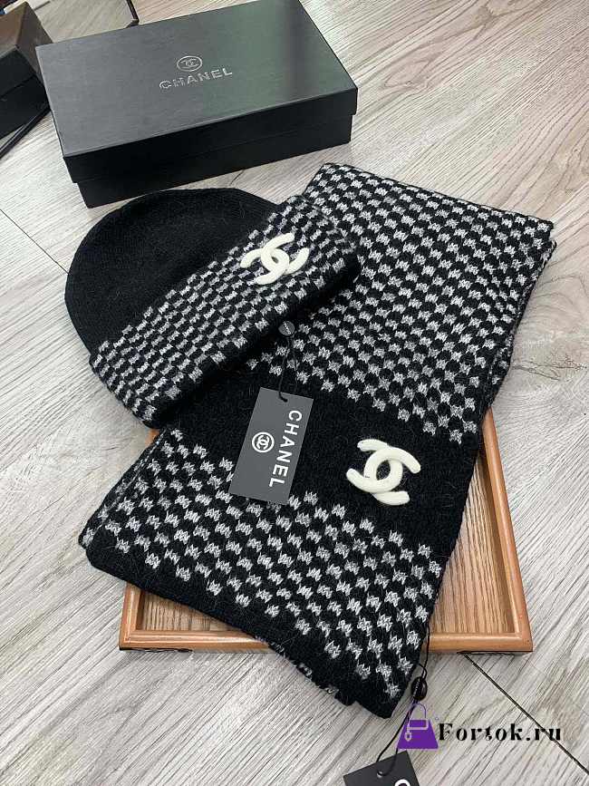 Fortok Chanel Hat + Scarf Set Black & White - 1