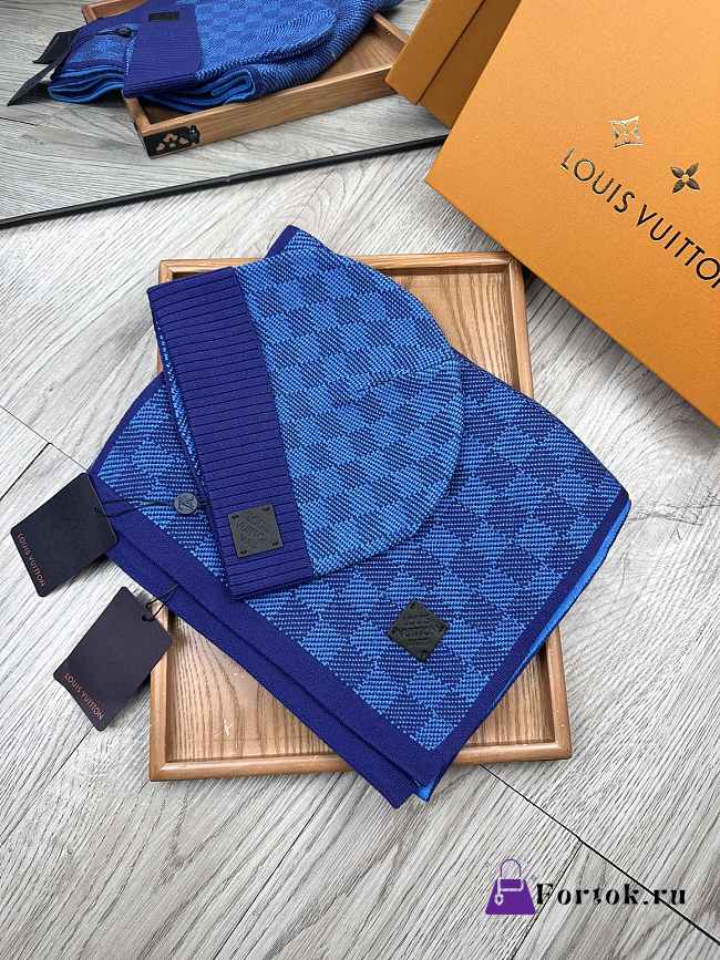 Fortok Louis Vuitton Damier Hat + Scarf Set Dark Blue - 1