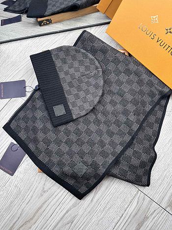 Fortok Louis Vuitton Damier Hat + Scarf Set Dark Grey 