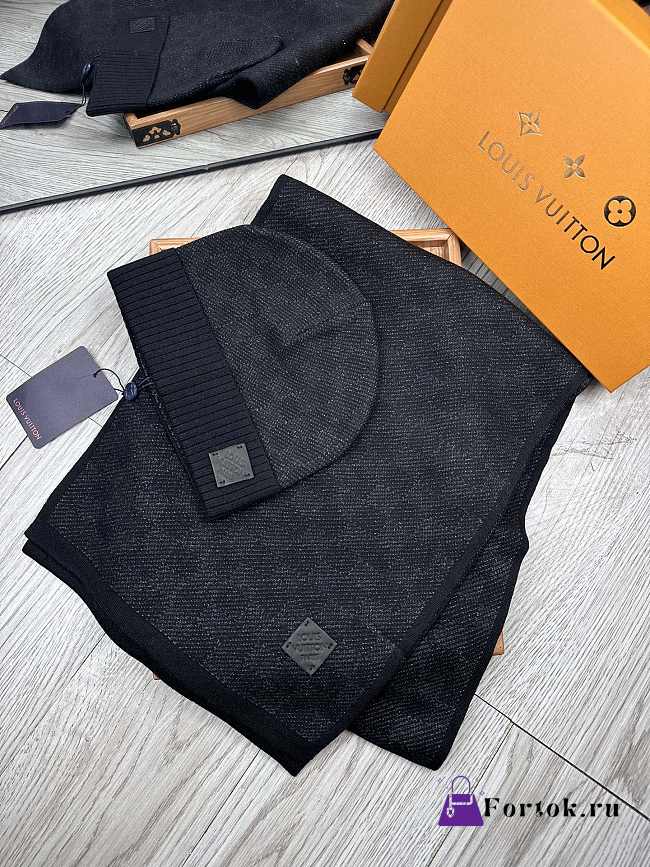 Fortok Louis Vuitton Damier Hat + Scarf Set Black - 1