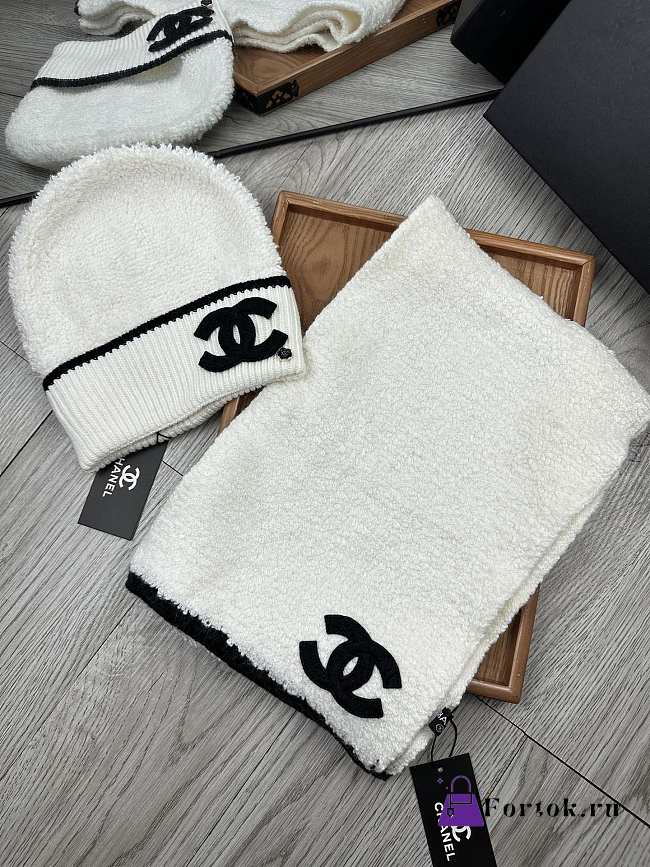 Fortok Chanel Logo  Hat + Scarf Set White - 1
