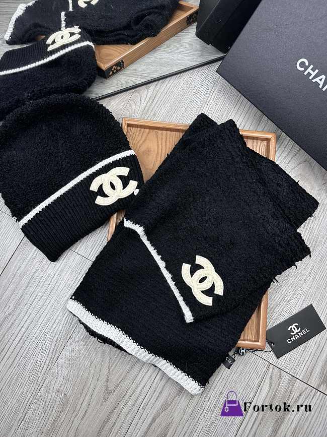 Fortok Chanel Logo Hat + Scarf Set Black - 1