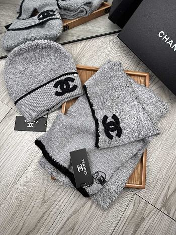 Fortok Chanel Logo Hat + Scarf Set Grey