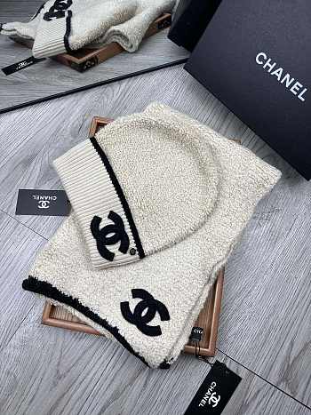 Fortok Chanel Logo Hat + Scarf Set Cream