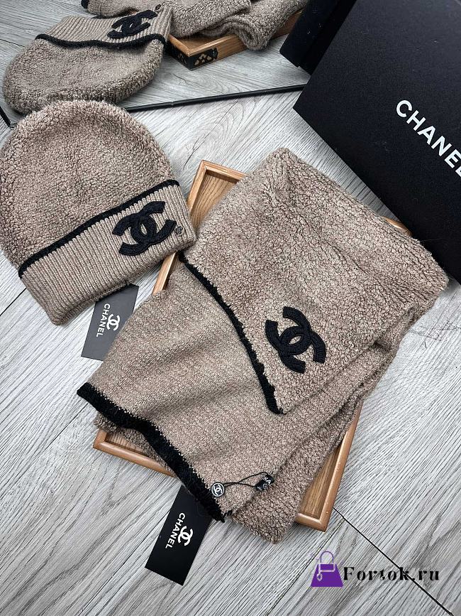 Fortok Chanel Logo Hat + Scarf Set Brown - 1