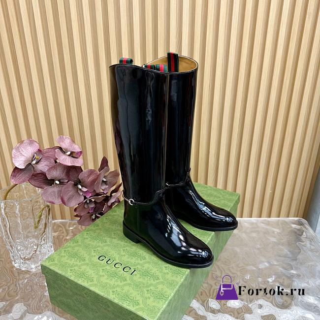 Fortok Gucci Horsebit Black Patent Leather Long Boots - 1