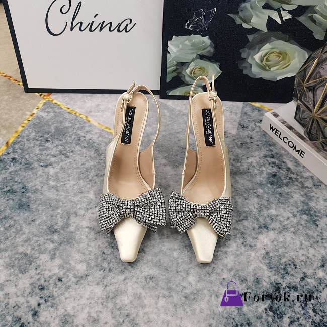 Fortok Dolce & Gabbana Cream Satin Rhinestone Bow High-heeled Sandals - 1