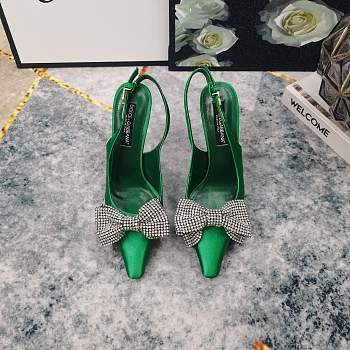 Fortok Dolce & Gabbana Green Satin Rhinestone Bow High-heeled Sandals 