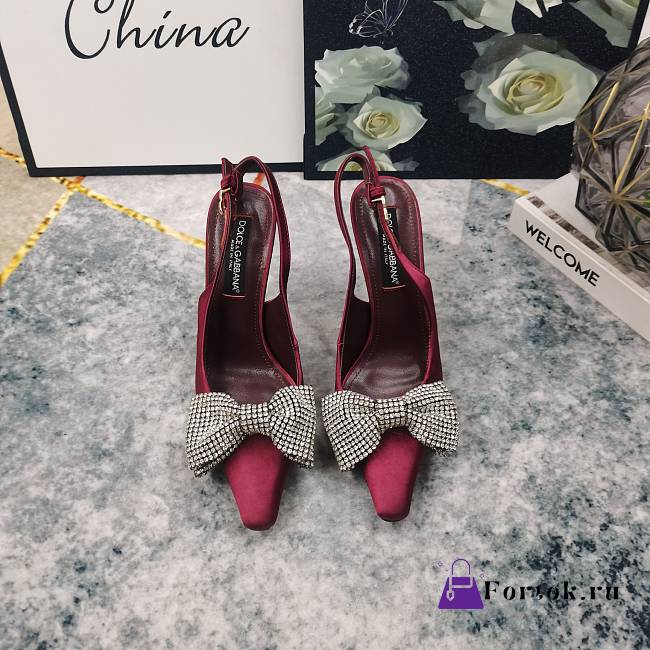 Fortok Dolce & Gabbana Burgundy Satin Rhinestone Bow High-heeled Sandals - 1