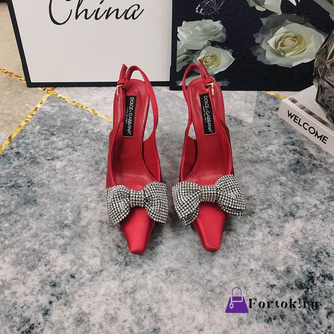 Fortok Dolce & Gabbana Red Satin Rhinestone Bow High-heeled Sandals - 1