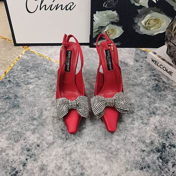 Fortok Dolce & Gabbana Red Satin Rhinestone Bow High-heeled Sandals