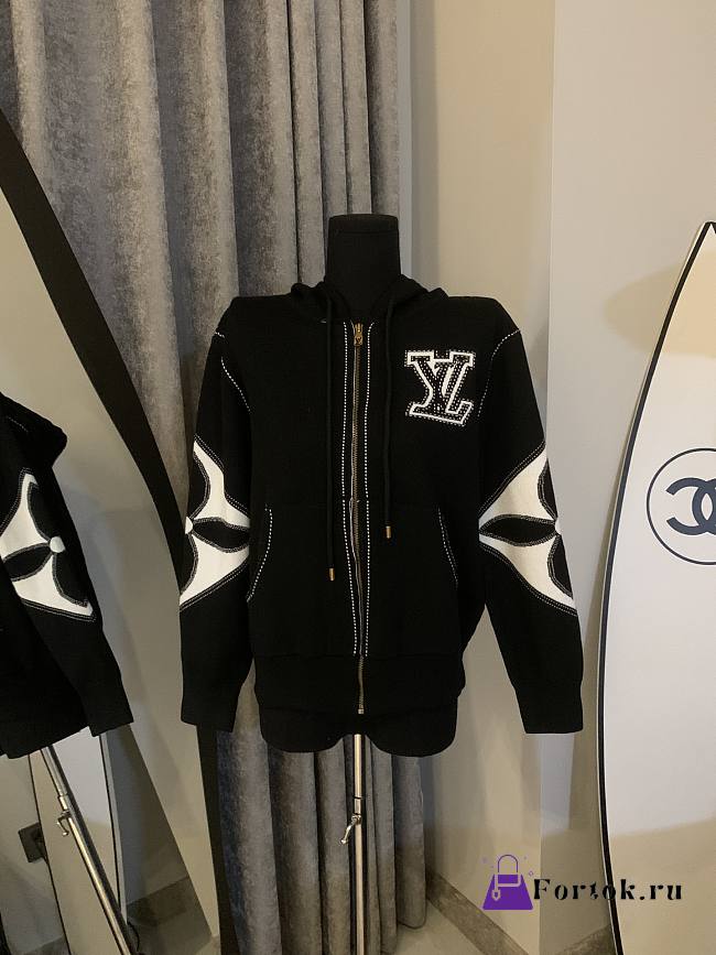 Fortok Louis Vuitton Logo Zipper Hooded Long-sleeved Jacket Black - 1