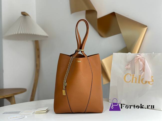 Fortok Chloe Spin Tote Bag In Brown Grained Leather 27x30x14cm - 1