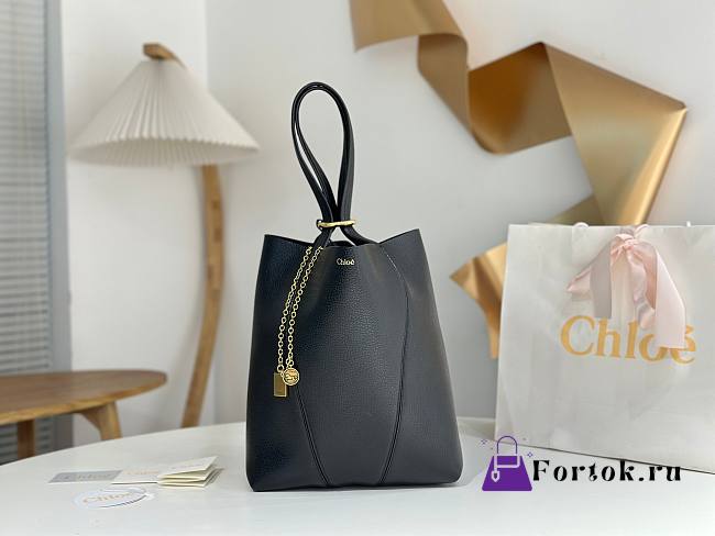 Fortok Chloe Spin Tote Bag In Black Grained Leather 27x30x14cm - 1