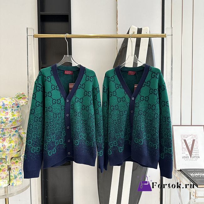 Fortok Gucci Gradient Double G Wool Jacquard Cardigan Blue & Green - 1