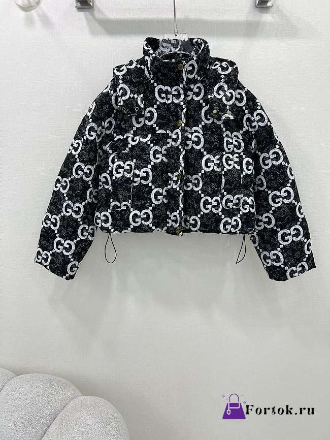 Fortok Gucci Double G Letter Jacquard Hooded Down Jacket Black & White  - 1