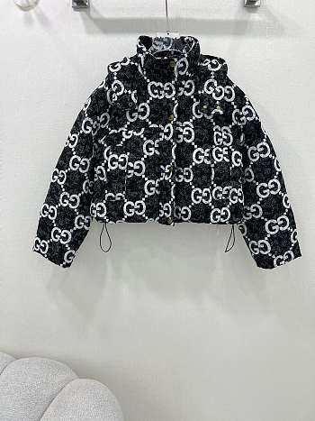 Fortok Gucci Double G Letter Jacquard Hooded Down Jacket Black & White 