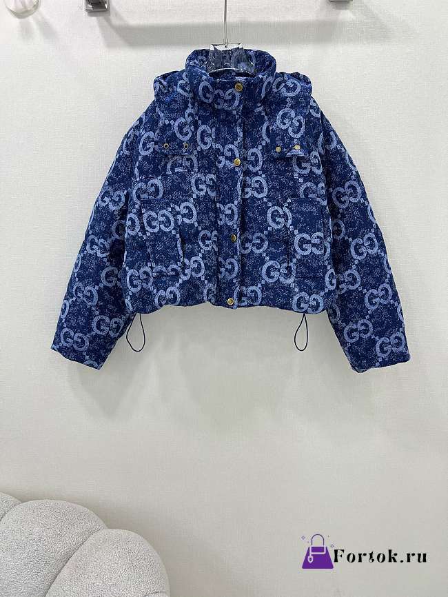 Fortok Gucci Double G Letter Jacquard Hooded Down Jacket Blue & White - 1