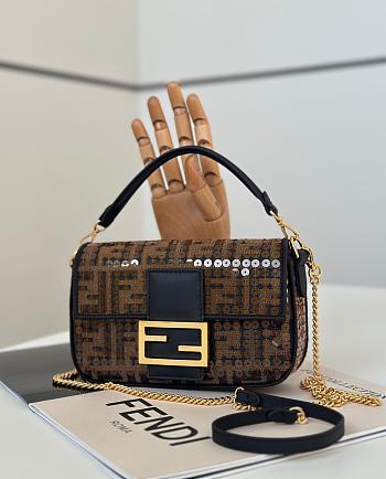 Fortok Fendi Fabric Jacquard Paillettes Vitello Seta FF 1974 Mini Baguette Bag 8623S 19.5x5x11cm
