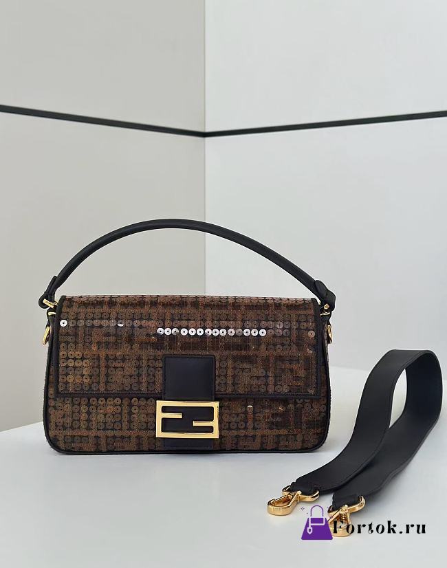 Fortok Fendi Fabric Jacquard Paillettes Vitello Seta FF 1974 Mini Baguette Bag 8623L 28x6x15cm - 1