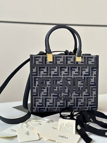 Fortok Fendi Sunshine Dark Blue FF Chenille Shopping Bag 8618E 25.5x12x22.5cm