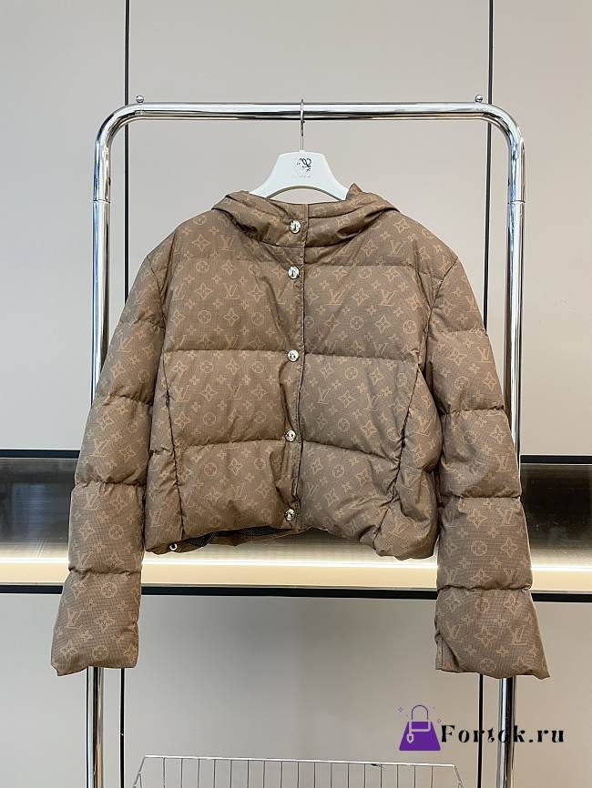 Fortok Louis Vuitton Classic Monogram Full Print Short Hooded Down Jacket Brown - 1