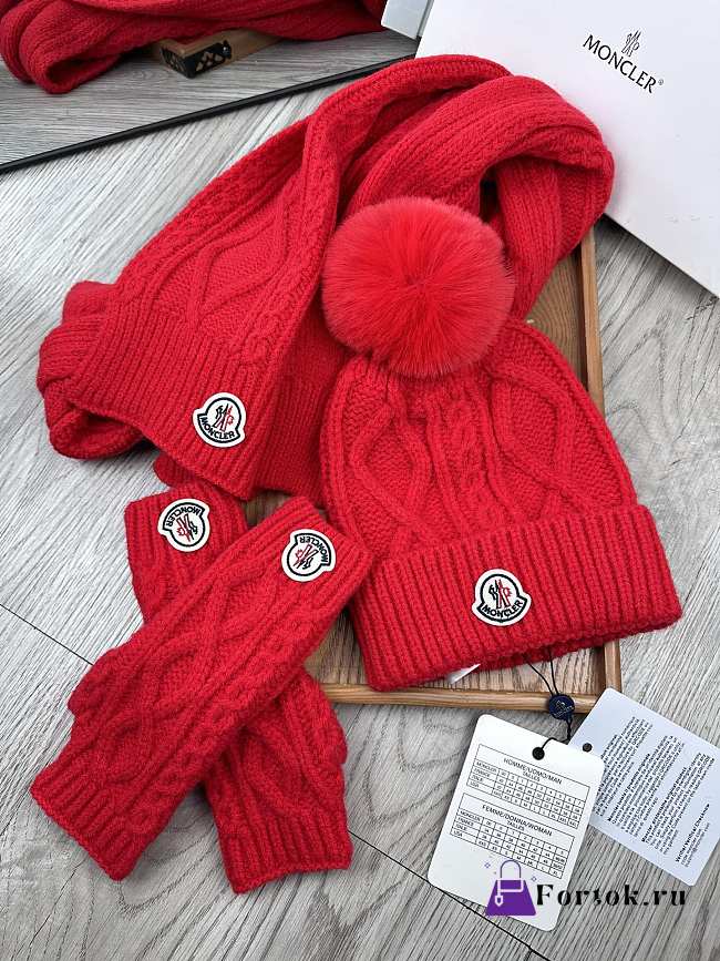 Fortok Moncler Scarf + Hat With Wool Ball + Gloves Set Red - 1