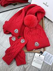 Fortok Moncler Scarf + Hat With Wool Ball + Gloves Set Red - 1