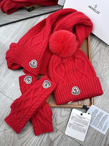 Fortok Moncler Scarf + Hat With Wool Ball + Gloves Set Red