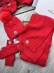 Fortok Moncler Scarf + Hat With Wool Ball + Gloves Set Red - 5