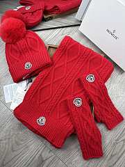 Fortok Moncler Scarf + Hat With Wool Ball + Gloves Set Red - 3